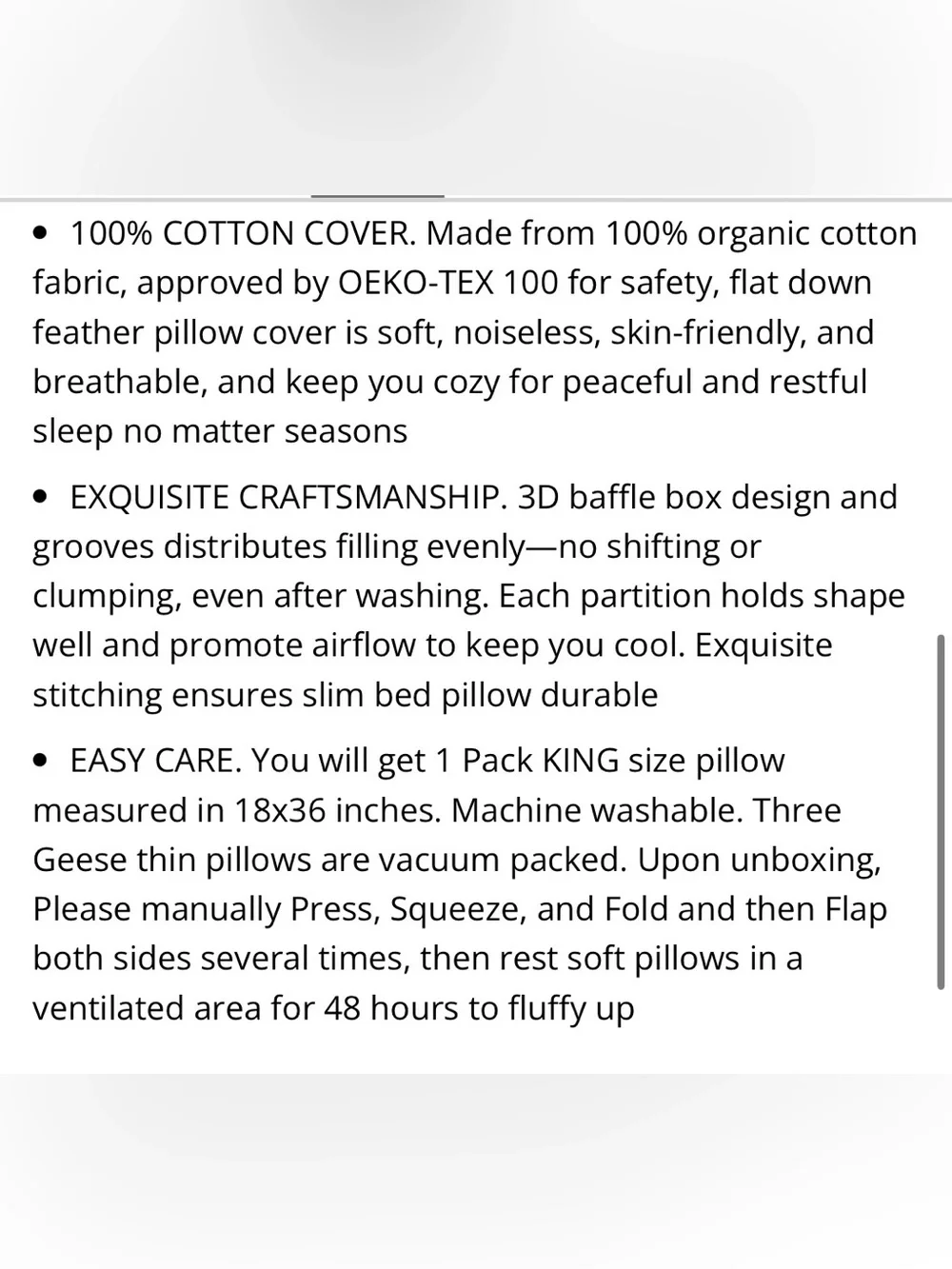 KING SIZE Bed Pillow Feather Down 100% Cotton Cover 20x36” (1-count) WHITE